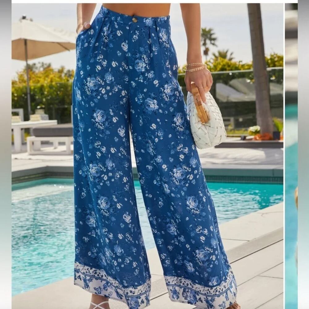 VICI Wide Leg Floral Pants Size M High Rise Pleat Front Hippie Boho Festival